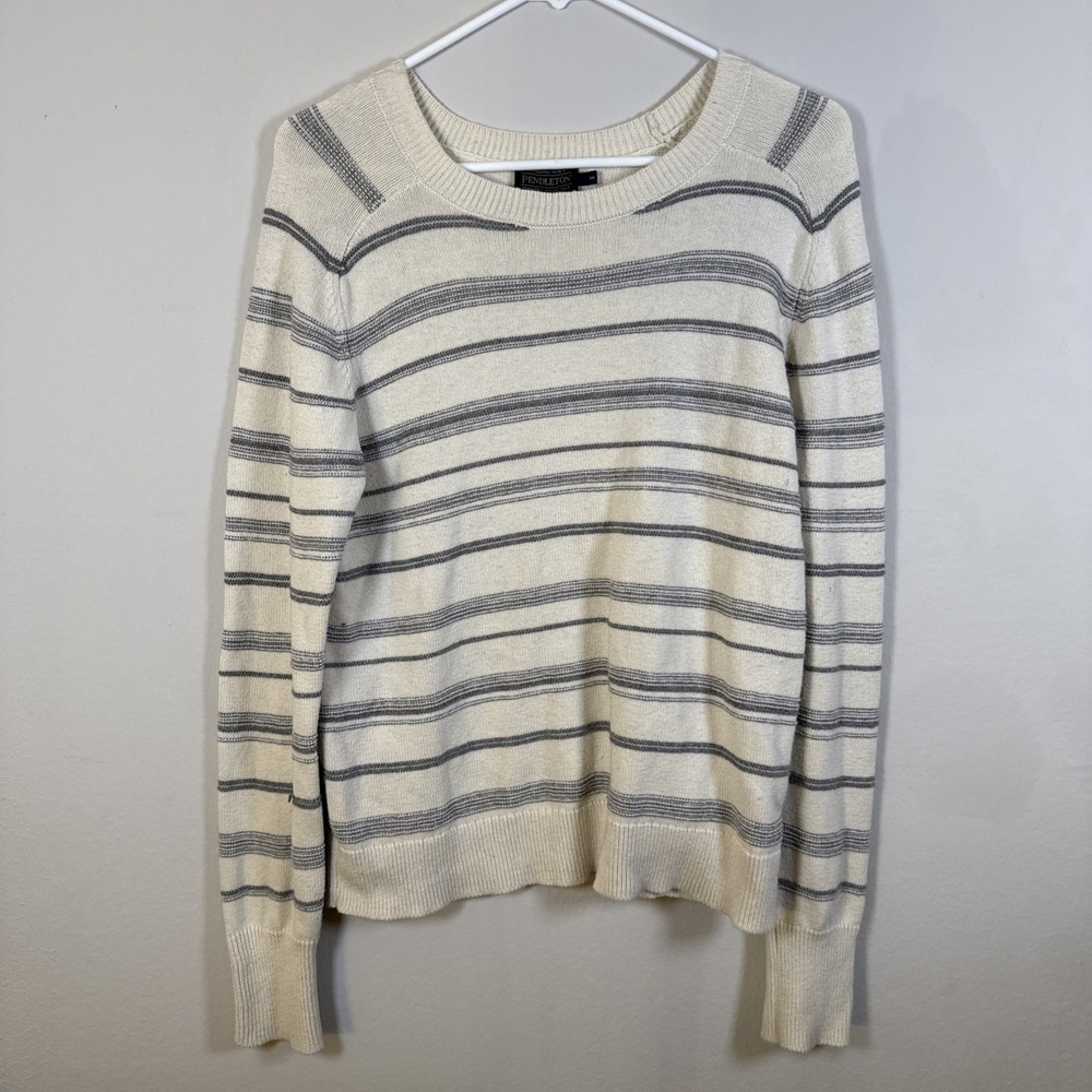 Pendleton‎ Mens Sweater Medium White Striped Cotton Knit Pullover Crewneck